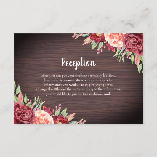 Rustieke Bourgogne Bloemen Waterverf Bruiloft Informatiekaartje (Voorkant)