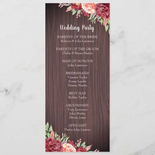 Rustieke Bourgogne Bloemen Waterverf Bruiloft Programmakaart (Achterkant)