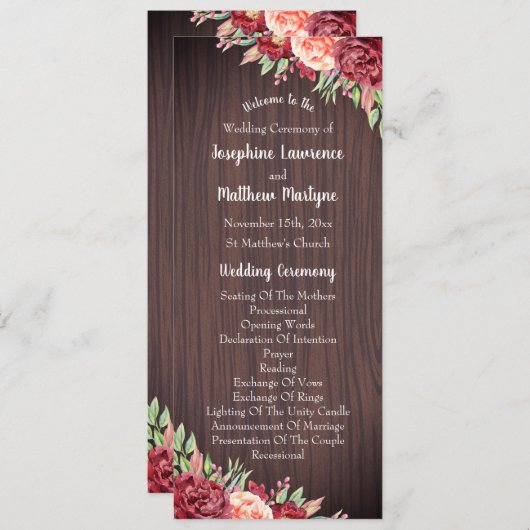 Rustieke Bourgogne Bloemen Waterverf Bruiloft Programmakaart (Voorkant / Achterkant)