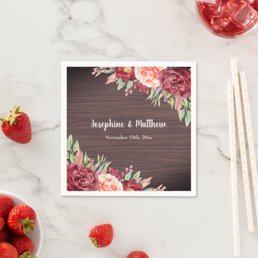 Rustieke Bourgogne Bloemen Waterverf Bruiloft Servet (Insitu)