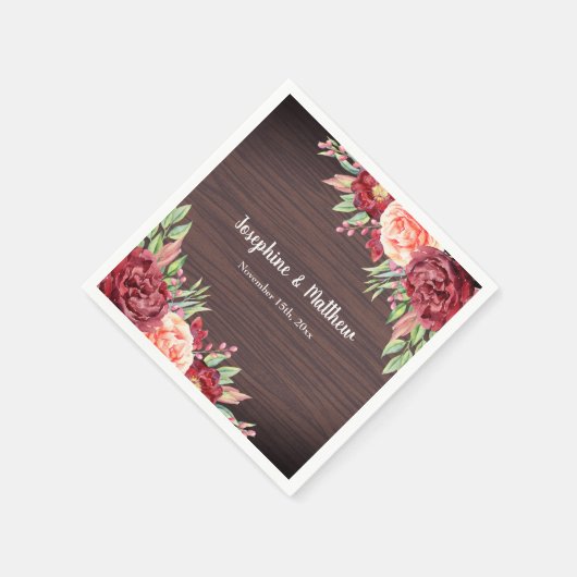 Rustieke Bourgogne Bloemen Waterverf Bruiloft Servet (Hoek)