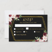Rustieke Bourgogne Bloemen Zwart & Goud Bruiloft RSVP Kaartje (Voorkant)