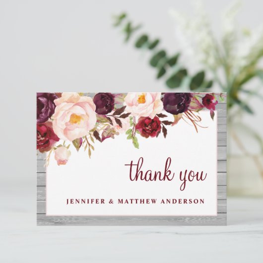 Rustieke Bourgogne Blush Barnwood Roze Grens Bruil Bedankkaart (Staand voorkant)