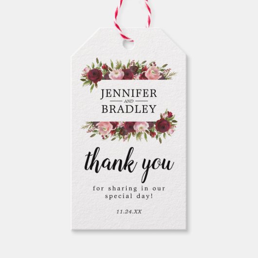 Rustieke Bourgogne Blush Bloemen Bruiloft Favor Cadeaulabel (Voorkant)