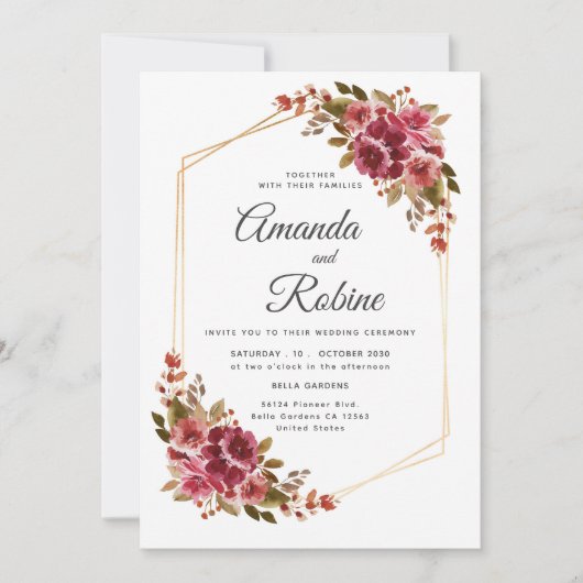 Rustieke Bourgogne & Blush Bloemen Huwelijksuitnod Kaart (Voorkant)