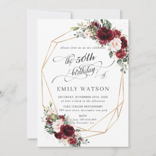 Rustieke Bourgogne Blush Bloemen Verjaardag Geomet Kaart (Voorkant)