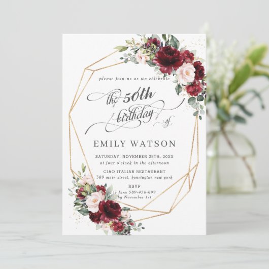 Rustieke Bourgogne Blush Bloemen Verjaardag Geomet Kaart (Staand voorkant)