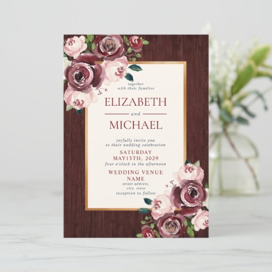 Rustieke Bourgogne Blush Goud Bloemen Hout Bruilof Kaart (Staand voorkant)