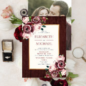 Rustieke Bourgogne Blush Hout Goud Foto Bruiloft Kaart