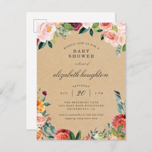 Rustieke Bourgogne Blush Roze Bloemen Baby shower Uitnodiging Briefkaart (Voorkant / Achterkant)