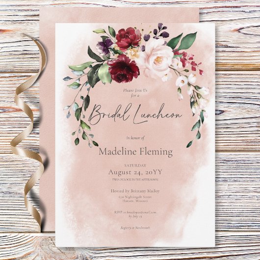 Rustieke Bourgogne & Blush Roze Rozen Bruids Lunch Kaart