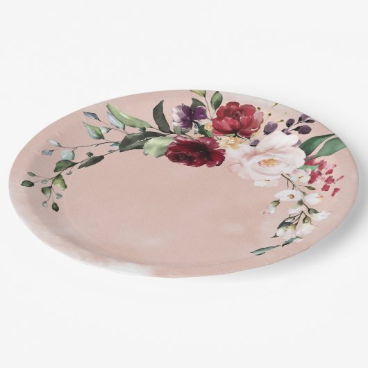 Rustieke Bourgogne & Blush Roze Rozen Bruids Lunch Papieren Bordje (Gekanteld)