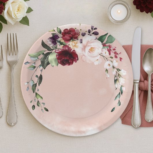 Rustieke Bourgogne & Blush Roze Rozen Bruids Lunch Papieren Bordje