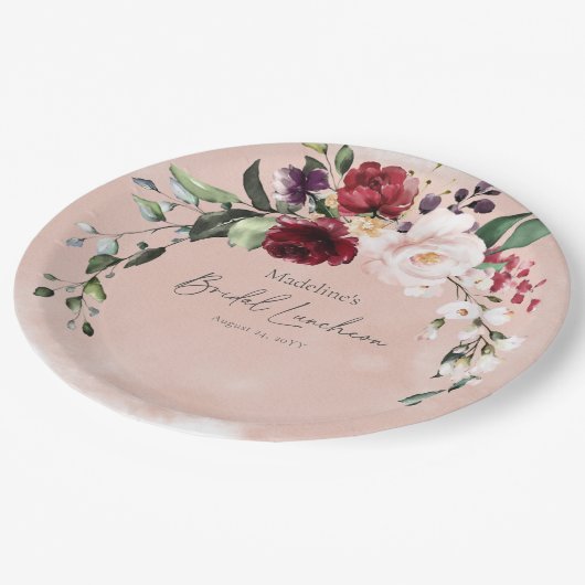 Rustieke Bourgogne & Blush Roze Rozen Bruids Lunch Papieren Bordje (Gekanteld)