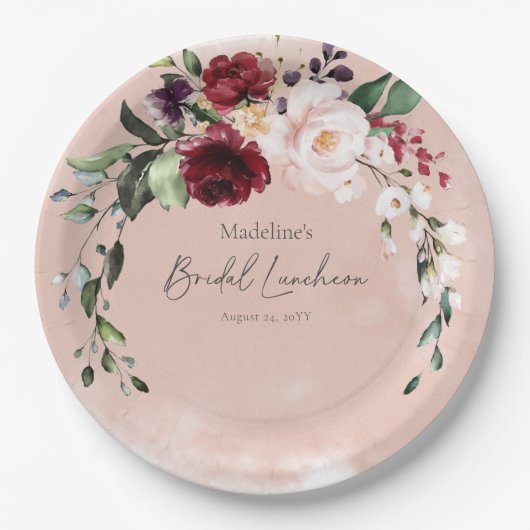 Rustieke Bourgogne & Blush Roze Rozen Bruids Lunch Papieren Bordje (Voorkant)