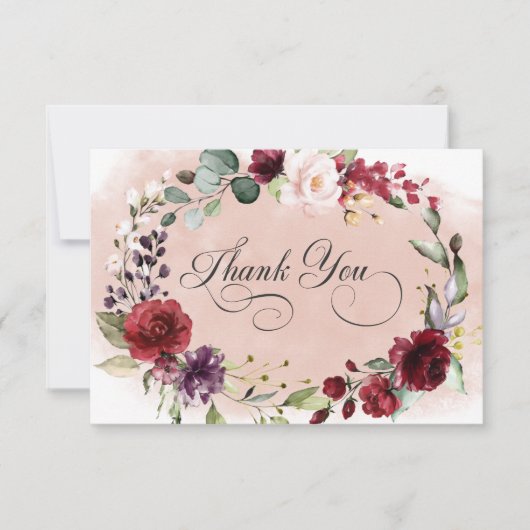 Rustieke Bourgogne & Blush Roze Rozen Bruiloft Bedankkaart (Voorkant)