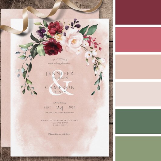 Rustieke Bourgogne & Blush Roze Rozen Bruiloft Kaart