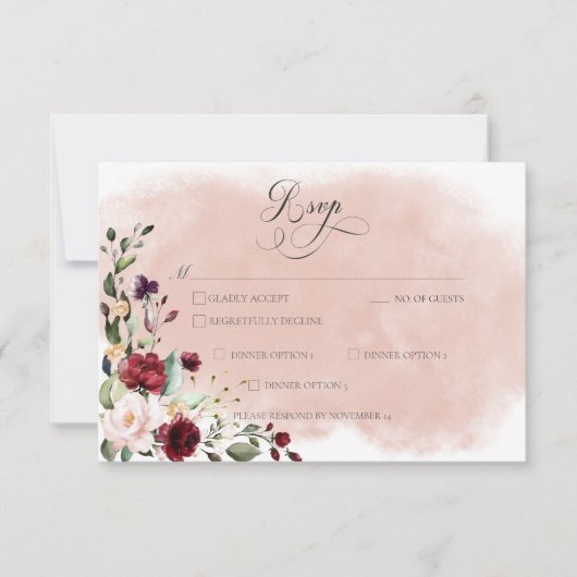 Rustieke Bourgogne & Blush Roze Rozen Bruiloft RSVP Kaartje (Voorkant)