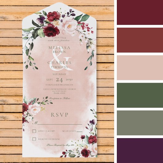 Rustieke Bourgogne & Blush Roze Rozen Geen Diner All In One Uitnodiging