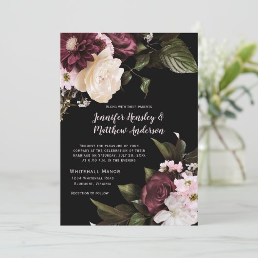 Rustieke Bourgogne, Blush Roze, Wit Bloemen Bruilo Kaart (Staand voorkant)