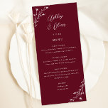 Rustieke Bourgogne Botanische bruiloft Menu Kaart<br><div class="desc">Deze mooie trouwreceptie menukaart heeft een mooie bordeaux achtergrond met handgetekende wilde bloemen en elegante typografie in het wit. Samen deze elementen creëer een rustiek maar toch elegant huwelijksmenu dat perfect zou zijn voor een romantische bruiloft op elk moment van het jaar. Dit ontwerp komt overeen met onze Rustic Wildflowers...</div>
