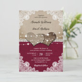 Rustieke Bourgogne Burlap Kant Bruiloft Kaart (Staand voorkant)