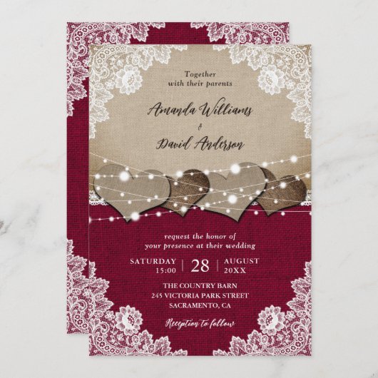 Rustieke Bourgogne Burlap Kant Bruiloft Kaart (Voorkant / Achterkant)