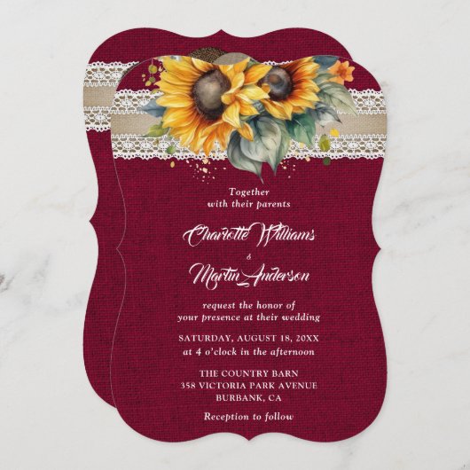 Rustieke Bourgogne Burlap Lace Zonnebloem Bruiloft Kaart (Voorkant / Achterkant)