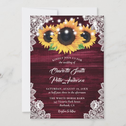 Rustieke Bourgogne Burlap Lace Zonnebloem Bruiloft Kaart (Voorkant)