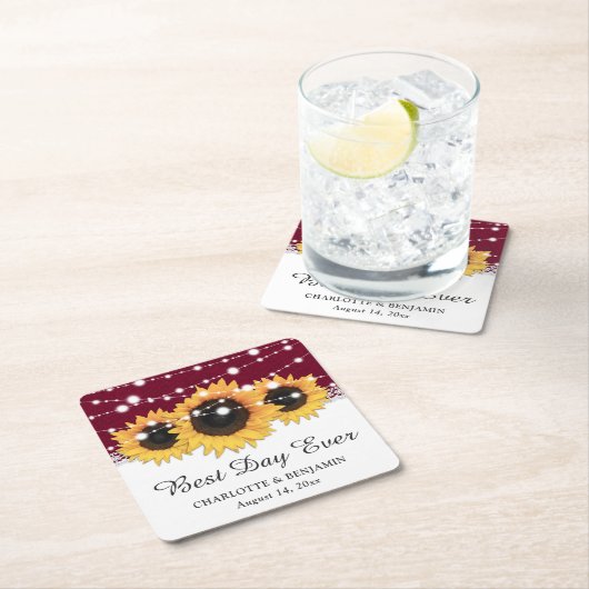 Rustieke Bourgogne Burlap Lace Zonnebloem Bruiloft Kartonnen Onderzetters (Insitu)