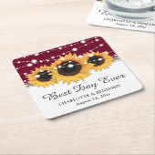 Rustieke Bourgogne Burlap Lace Zonnebloem Bruiloft Kartonnen Onderzetters (Schuin)