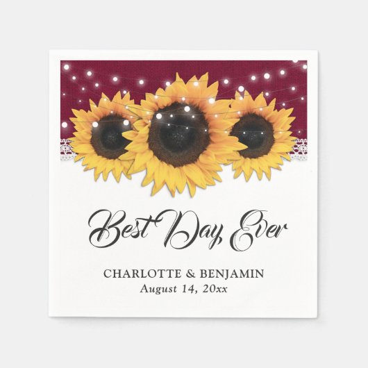 Rustieke Bourgogne Burlap Lace Zonnebloem Bruiloft Servet (Voorkant)