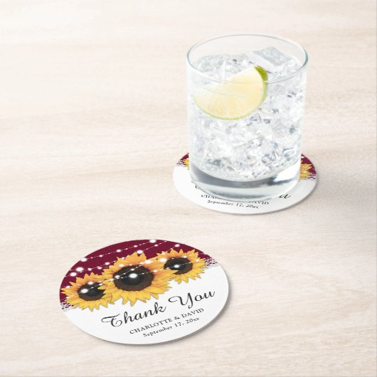 Rustieke Bourgogne Burlap Zonnebloem Bruiloft Ronde Kartonnen Onderzetter (Insitu)