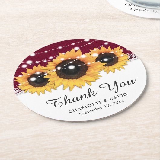 Rustieke Bourgogne Burlap Zonnebloem Bruiloft Ronde Kartonnen Onderzetter (Gebogen)