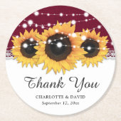 Rustieke Bourgogne Burlap Zonnebloem Bruiloft Ronde Kartonnen Onderzetter (Voorkant)