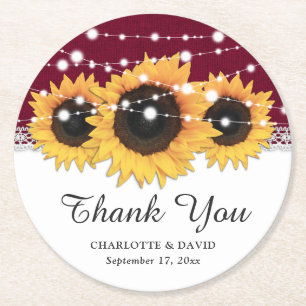 Rustieke Bourgogne Burlap Zonnebloem Bruiloft Ronde Kartonnen Onderzetter