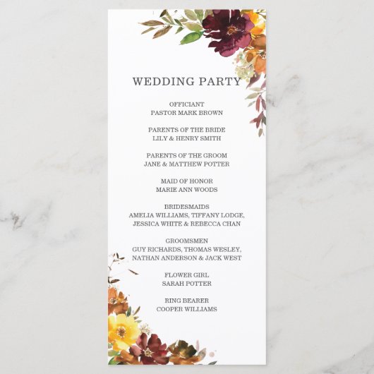 Rustieke Bourgogne Burnt Sinaasappel Bloemenbruilo Programmakaart (Achterkant)