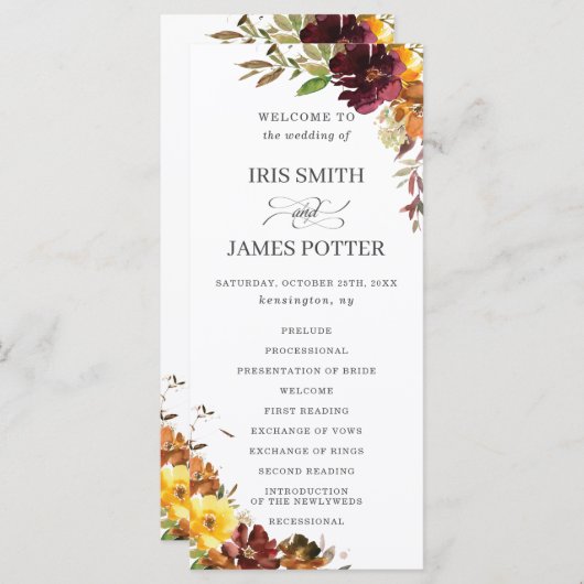 Rustieke Bourgogne Burnt Sinaasappel Bloemenbruilo Programmakaart (Voorkant / Achterkant)