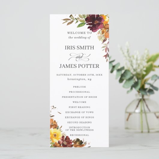 Rustieke Bourgogne Burnt Sinaasappel Bloemenbruilo Programmakaart (Staand voorkant)