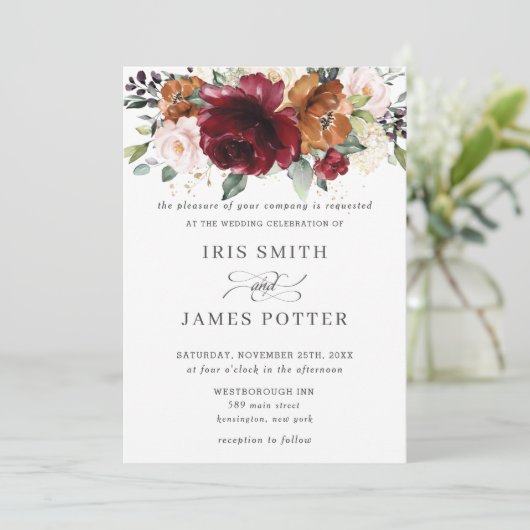 Rustieke Bourgogne Burnt Sinaasappel Blush Bloemen Kaart (Staand voorkant)