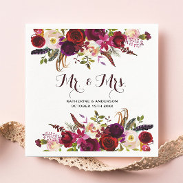 Rustieke Bourgogne Chic Floral Mr en Mrs Wedding Servetten