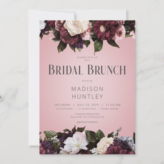 Rustieke Bourgogne Crème & Roze Bloemen Bruidsbrun Kaart (Voorkant)