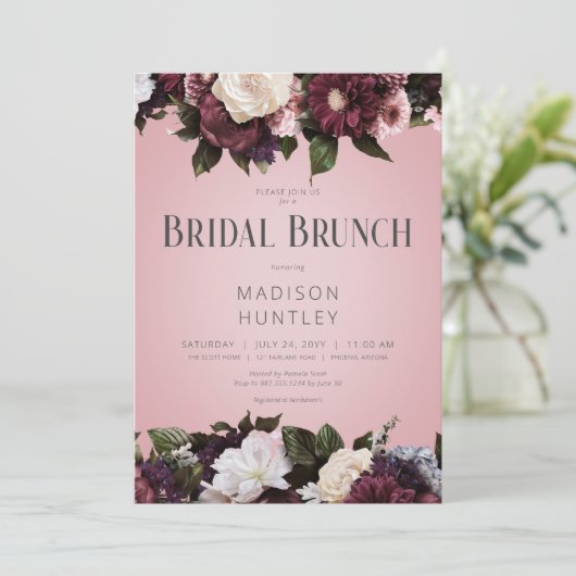 Rustieke Bourgogne Crème & Roze Bloemen Bruidsbrun Kaart (Staand voorkant)