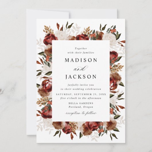 Rustieke Bourgogne en Ivoor Rozen Bruiloft Kaart (Voorkant)