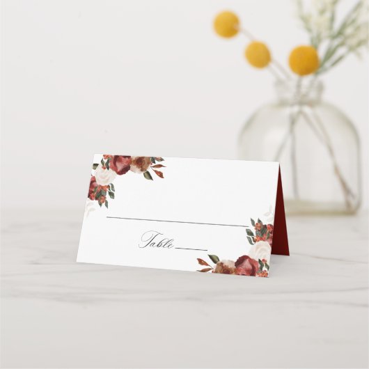 Rustieke Bourgogne en Ivoor Rozen Bruiloft Plaatskaartje (Voorkant)