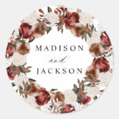 Rustieke Bourgogne en Ivoor Rozen Bruiloft Ronde Sticker (Voorkant)