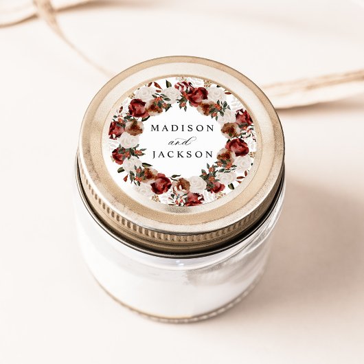 Rustieke Bourgogne en Ivoor Rozen Bruiloft Ronde Sticker