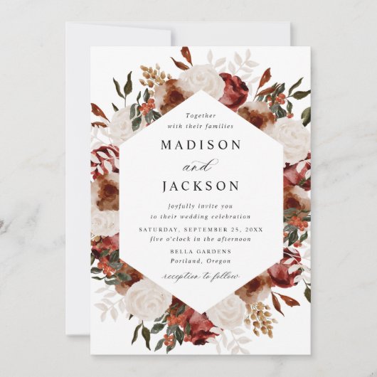 Rustieke Bourgogne en Ivoor Rozen bruiloft uitnodi Kaart (Voorkant)