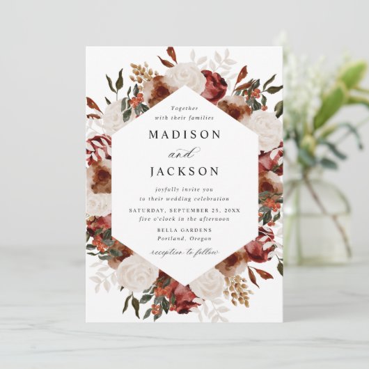 Rustieke Bourgogne en Ivoor Rozen bruiloft uitnodi Kaart (Staand voorkant)