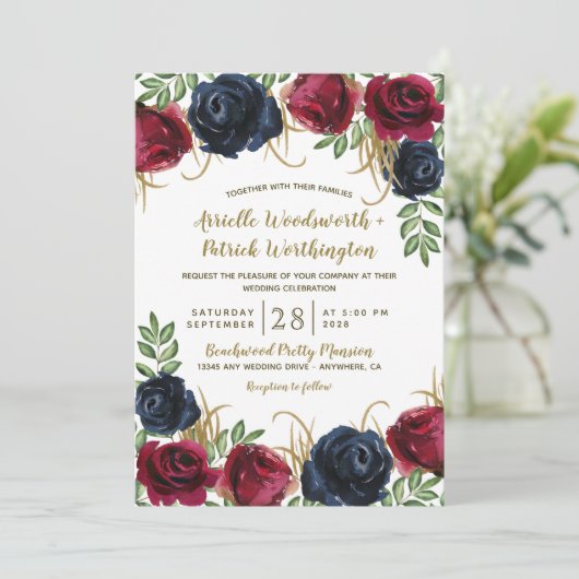 Rustieke Bourgogne en Navy Blue bruiloft uitnodigi Kaart (Staand voorkant)